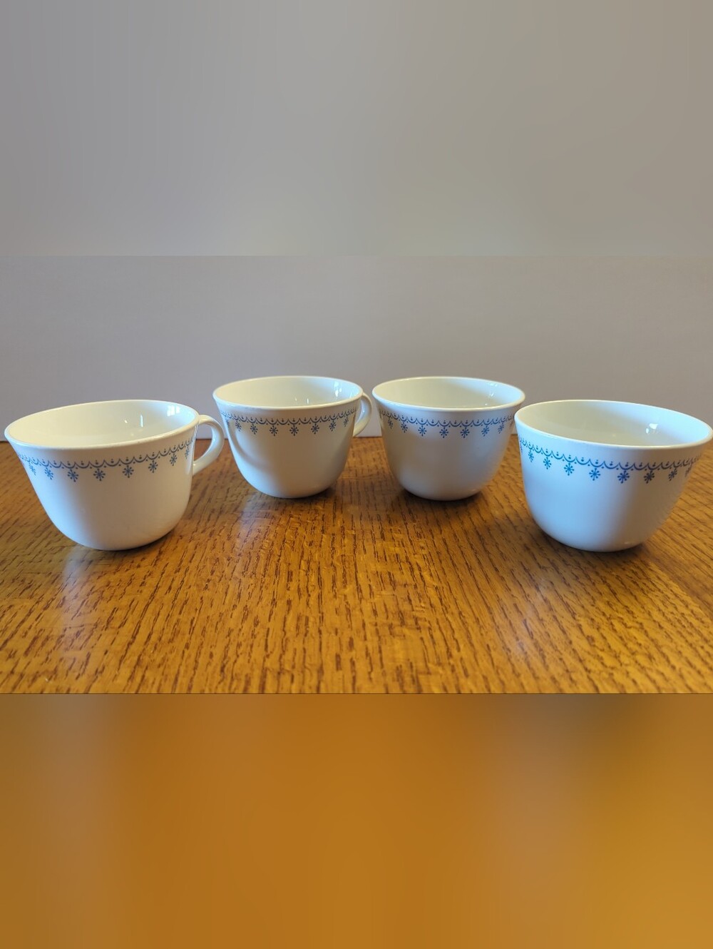 Vintage Corelle Livingware by Corning “Snowflake Blue” Set of 4 -Coffee Tea Cups